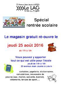 Rentrée scolaire 2016, avec le magasin gratuit du LAG
